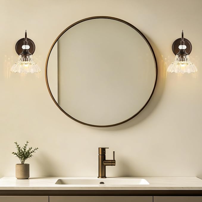 1 Piece Oil Rubbed Bronze Finish Wall Sconce, 1-Light Modern Wall Sconce with Hanging Crystal Accents and Flower-Shaped Clear Shades for Bathroom Bedroom Living Room,Modern Vanity Light