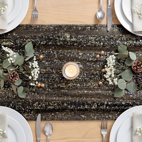 Artoid Mode Black Gold Gauze Table Runner 59x120 Inch 10FT, Glitter Metallic Foil Sheer Dining Wedding Anniversary Holiday Birthday Table Decor for Home Party
