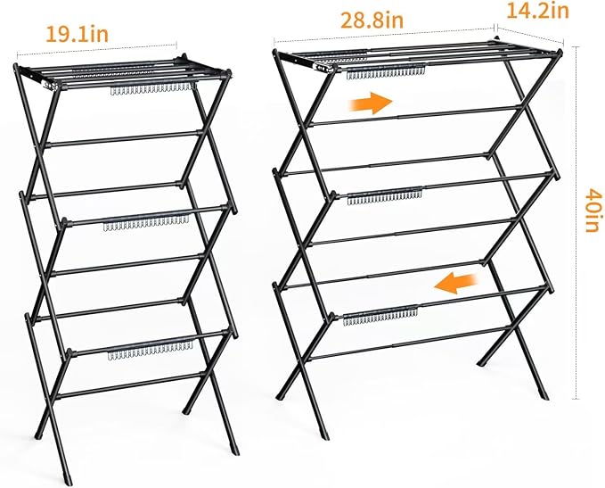3 Tier Clothes Drying Rack, Foldable Drying Rack Clothing,Indoor & Outdoor Laundry Rack for Drying Clothes,Space-Saving Design,Small Collapsible Portable Dryer Racks for Laundry,Pure Black