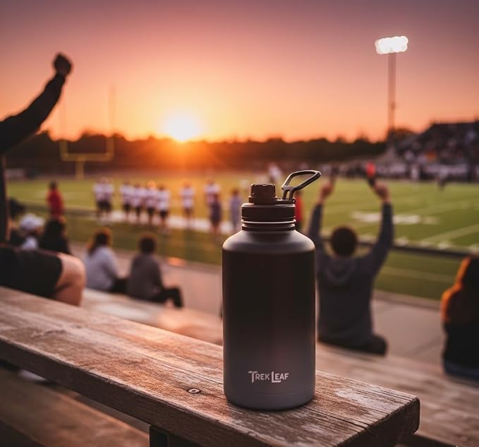 Travel Water Bottle with Carrying Bag, 3 Lids (Spout, Straw, Handle), and Bottle Brush; Leak Proof, Quality, Vacuum Insulated, Stainless Steel (Charcoal Fog, 64 oz)