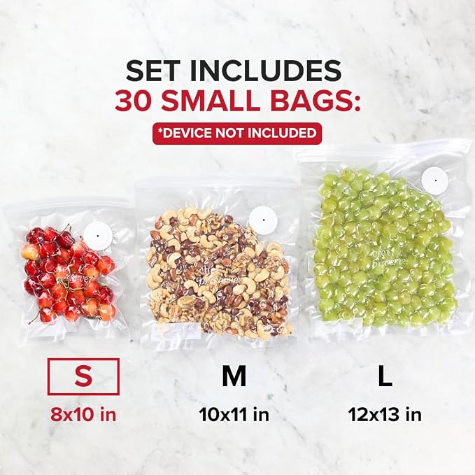 Chef Preserve Reusable Vacuum Sealer Bags for Food - 30 BPA-Free Small (8 x 10 in) Food Storage Bags, Freezer, Microwave - Odor-Resistant, Leak-Proof - Compatible with Chef Preserve Vacuum Sealers