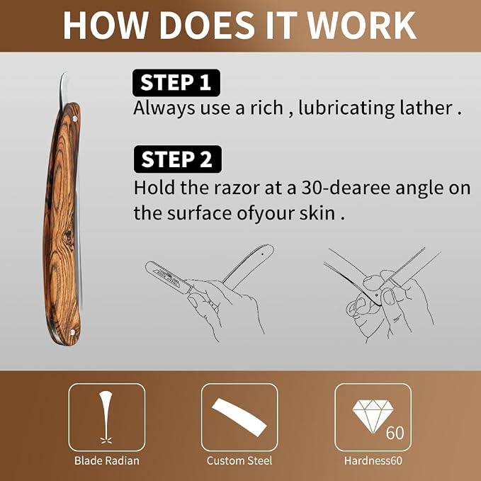 Straight Razor Kit Wooden Handle Shave Ready for Men Barber,Straight Edge Razor Professional Carbon Steel Sharp Shaver with Shaving Strop Brush Shaving Cream for Men Home &Grooming Using