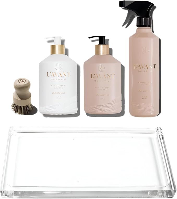 L'AVANT Collective Luxury Home Essentials High Performing Dish Soap, Hand Soap, Multipurpose Cleaner Spray, Scrub Brush, Lucite Tray Luxurious Ingredients Reusable Bottles (Blushed Bergamot)