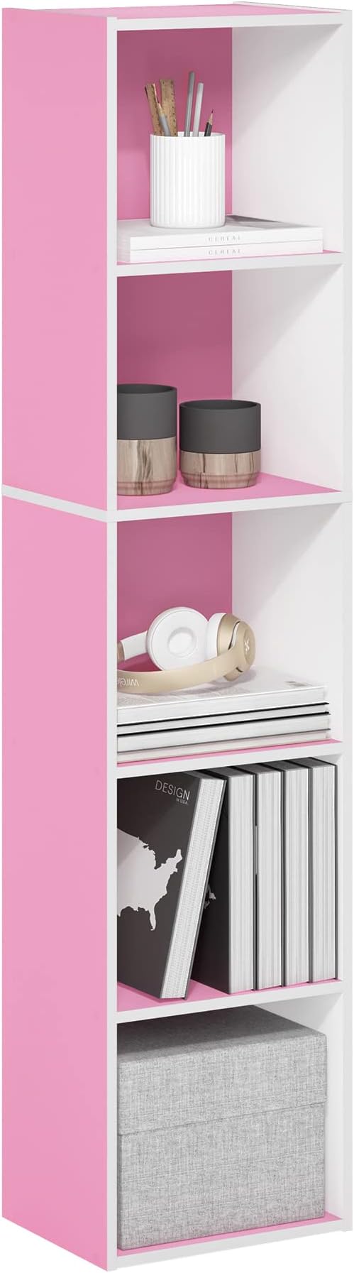 Furinno PASIR Book Shelf, 5-Tier Modern Bookshelf, Open Shelves Bookcase 9 x 12 x 52, Easy Assembly, for Living Room, Bedroom, Home Office, Pink/White