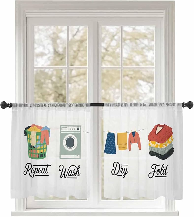 Laundry Voile Sheer Curtain 45 Inch, Rod Pocket White Sheer Window Curtain Panels, Laundry Room Short Semi-Sheer Tulle Drape Chiffon Fabric for Laundry Room Bedroom Living Room, Wash Dry Fold Repeat