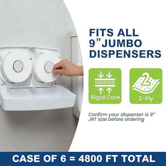 Commercial toilet paper - Jumbo toilet paper rolls -4,800 FT Industrial 2-Ply 9” Bulk Large Roll for Standard Jumbo Dispenser -100% Recycled Fibers-Soft and Absorbent Bathroom Tissue -6 Roll Case Pack