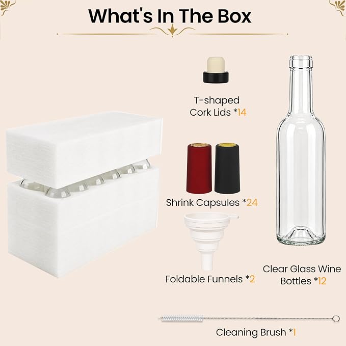 TBWIND 12 Pack 12oz Clear Glass Wine Bottles, 375ml Small Liquor Bottles with T-Top Corks & Shrink Capsules for Limoncello, Mead, Kombucha & Vanilla Extract, Includes Funnels & Brush