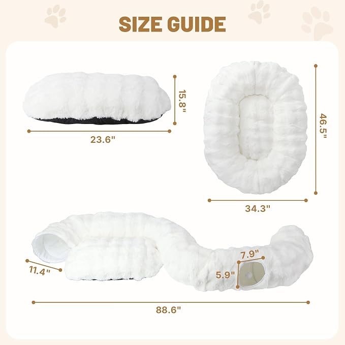 Extra Large Cat Tunnel, 47.2in Luxury Tunnel for Large Cats, Extra Long Bubble Fleece Big Cat Tunnel for Cats with Washable Mat, Skin-Friendly Large Tunnel for Cats, Puppy, Rabbits White