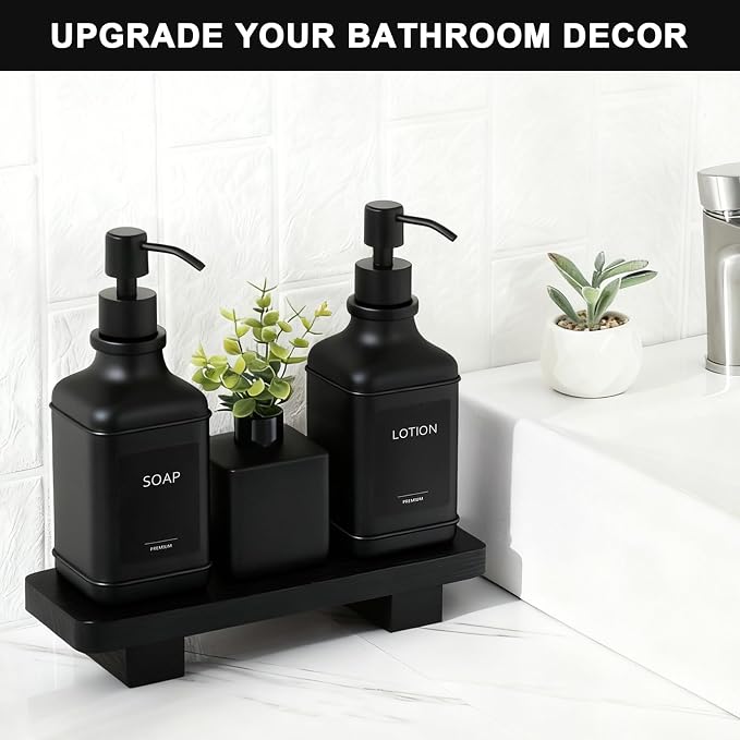 Modern Kitchen Soap Dispenser Set with Wood Tray, Black Glass Soap Dispenser with Pump, Decorative Hand and Dish Soap Dispenser Set, Soap and Lotion Dispenser Upgrade for Kitchen and Bathroom Decor