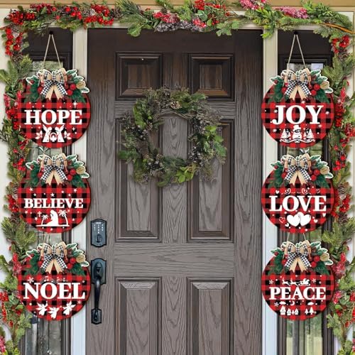 Nativity Christmas Signs, Christian Door Hanging Decor, Buffalo Plaid, 6-Pc