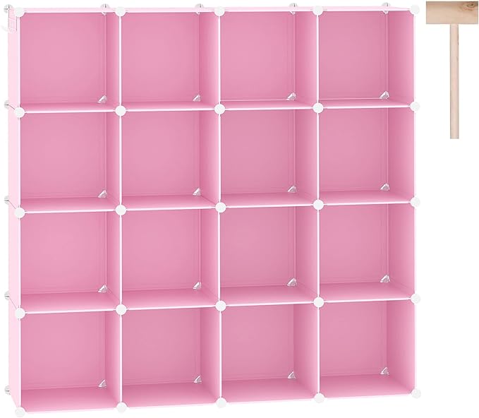 C&AHOME 16 Cube Storage Organizer Cube Shelves Units Storage Cubes, Pink | Plastic DIY Closet Organizer, Stackble Modular Closet Storage Shelves Ideal for Home, Bedroom, 48.4" L × 12.4" W × 48.4" H