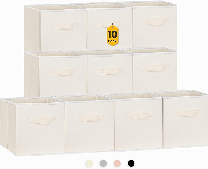 Storage Cubes, 11 Inch Clothes Storage Bins with Dual Handles (10 Pack), Fabric Collapsible Storage Bins for Shelves Closet, Cubby Organizer Bins for Clothing Toys Blanket Magazines (Beige)