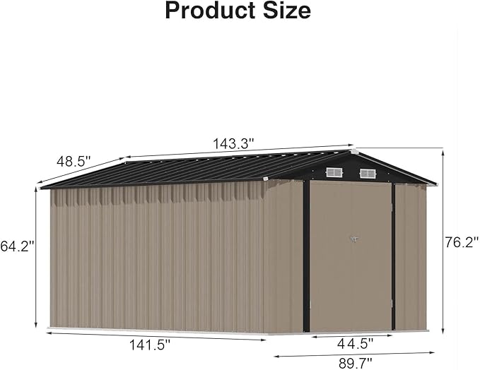 Patiowell 8x12 FT Outdoor Storage Shed, Brown | Steel Shed Storage House, Lockable Doors Design, Utility and Tool Storage, Garden, Patio, Backyard, Outside Use