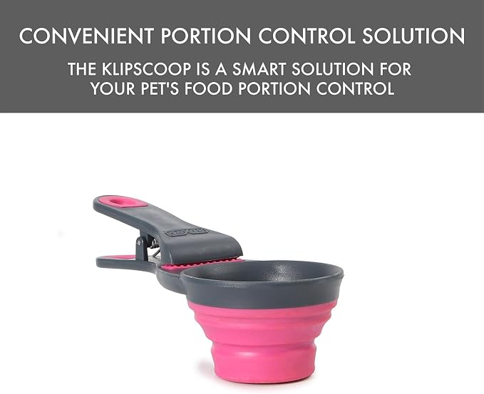 Dexas Popware for Pets Collapsible Klip Scoop, 3-in-1 Pet Food Scoop, Measuring Cup and Bag Clip, 1/2 Cup Capacity, Pink