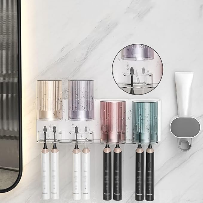 Toothbrush Rack 2PCS Wall Mounted Toothbrush Holder Storage Rack with Mouthwash Cup Automatic Toothpaste Dispenser Squeeze Kit Bathroom Toothbrush Holder(D)