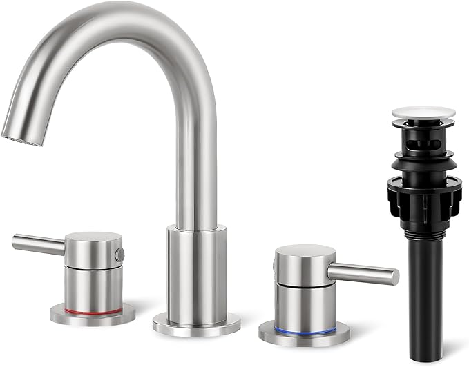 Bathroom Faucet 3 Hole, Brushed Nickel Bathroom Sink Faucet with Pop Up Drain, 8 inch Widespread Bathroom Faucet with 360° Swivel Spout, 2 Handle Vanity Faucet with Water Supply Hoses