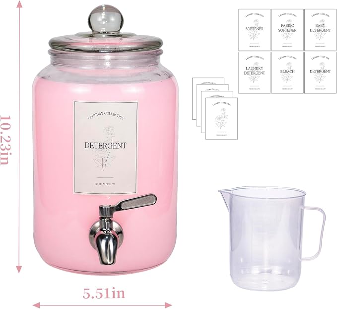 Large Liquid Laundry Detergent Dispenser with Spigots and Measuring Cups,108oz Leak-Proof Glass Fabric Softener,Reusable Glass Detergent Dispenser for Laundry Room Organizer and Storage(1)