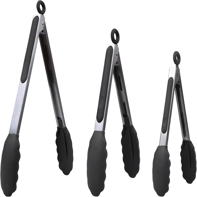 Kitchen Silicone Tongs for Cooking with Nonslip Silicone Tips, 600°F Heat Resistant Cooking Food Tong Set Heavy Duty Stainless Steel Handle for Baking Grilling Serving, 3 Pack (7" & 9" & 12")