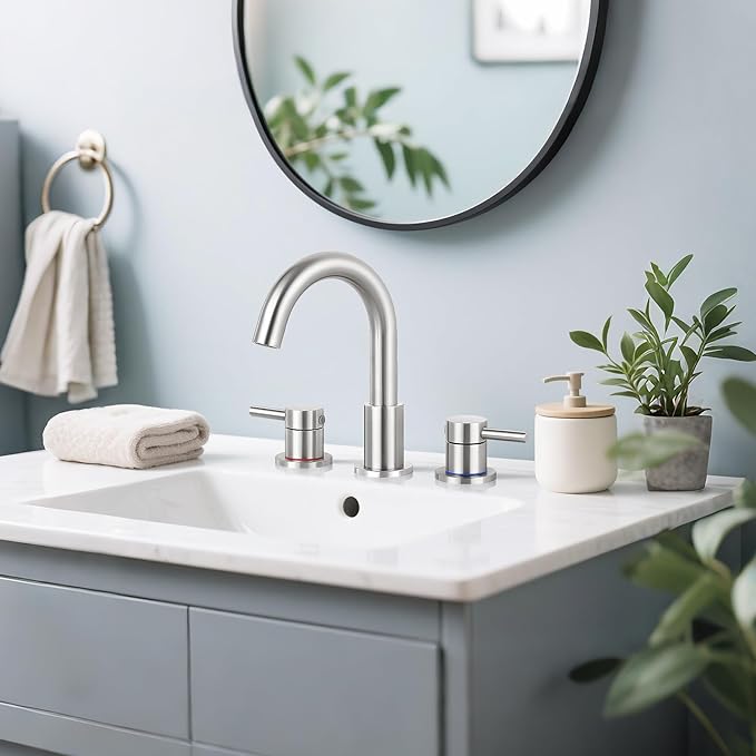 Bathroom Faucet 3 Hole, Brushed Nickel Bathroom Sink Faucet with Pop Up Drain, 8 inch Widespread Bathroom Faucet with 360° Swivel Spout, 2 Handle Vanity Faucet with Water Supply Hoses