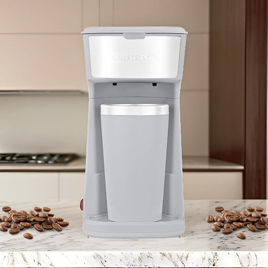 Holstein Housewares Personal Coffee Maker with 14oz Travel Mug – Compact One-Touch Brew Machine with Reusable Filter, Auto Shut-Off, Non-Stick Plate, Ideal for Home, Office, or Dorm. Grey
