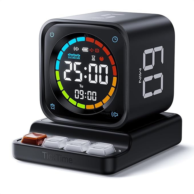 TK3 Pomodoro Timer Cube, Desk Productivity Timer with 5/10/30/60 Min Presets, Custom Countdown, Stopwatch, Clock, 3 Alarm, Silent, Vibrate & Sound Mode, for Task, ADHD, Study, Kitchen,Obsidian Black
