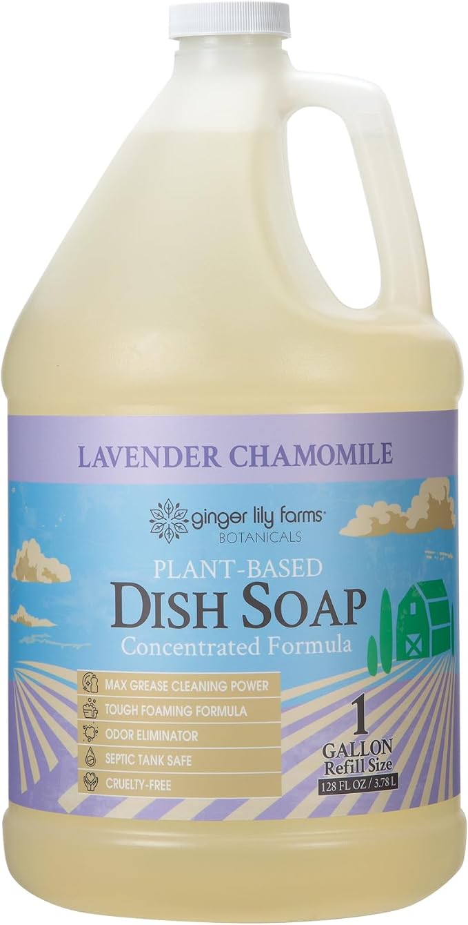Ginger Lily Farms Botanicals Plant-Based Liquid Dish Soap, Concentrated Formula with Max Grease Cleaning Power, Cruelty-Free, Lavender Chamomile Scent, 1 Gallon (Pack of 4)