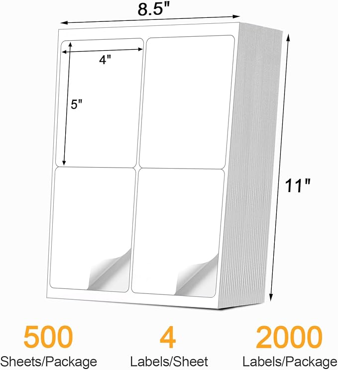 [500 Sheets 2000 Labels] 4-UP 4''x5'' Shipping Labels for Laser & Inkjet Printers, Shipping Mailing Labels, 4 Pcs Per Page Shipping Labels