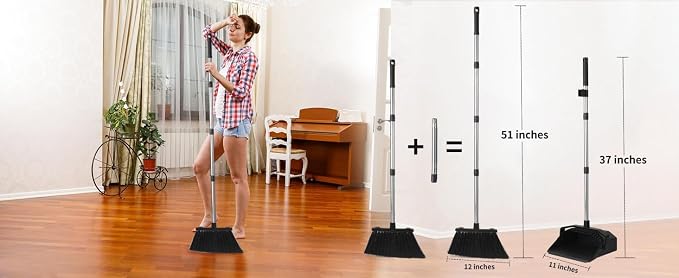 Tiumso Upgrade Broom with Dustpan Combo Set, Broom and Dustpan Set with 51'' Long Handle, Large Upright Brooms and Dust Pans, ZeroGap Lip, Self-Cleaning Dustpan Teeth for Lobby and Restaurant - Black