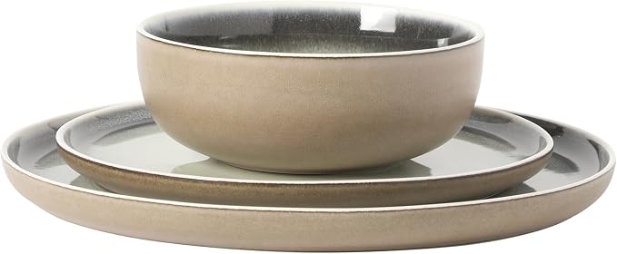 Gibson Elite Island Bay 12-Piece New Bone China Dinnerware Set Service for 4, Reactive Glaze Plates and Bowls, Dishwasher and Microwave Safe, Black and Cream