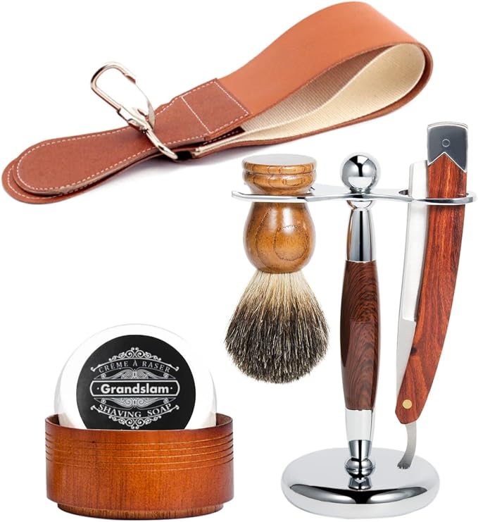 Grandslam Men Straight Shaving Razor Badger Hair Brush Stand Holder Leather Strop Soap Bowl
