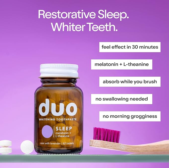 Duo Sleep Toothpaste Tablets, Melatonin and Nano Hydroxyapatite, 62 Count | Fluoride-free nHa tablets, gentle whitening, enamel remineralization, sensitivity relief, melatonin, L-theanine, plastic-free