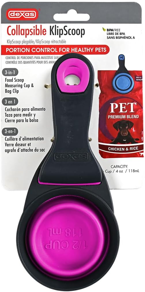 Dexas Popware for Pets Collapsible Klip Scoop, 3-in-1 Pet Food Scoop, Measuring Cup and Bag Clip, 1/2 Cup Capacity, Fuchsia