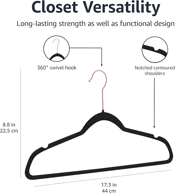 Amazon Basics Slim Velvet Non-Slip Space Saving Suit Clothes Hangers, Closet Organizer, Black/Rose Gold, 100-Pack