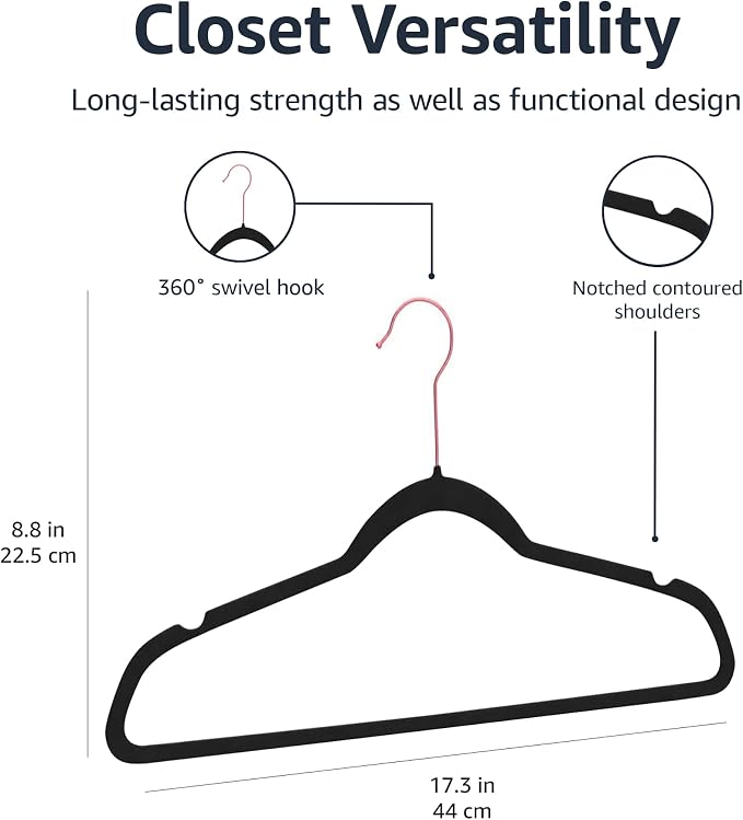 Amazon Basics Slim Velvet Non-Slip Space Saving Sturdy Suit Clothes Hangers, Closet Organizer, Black/Rose Gold, 30-Pack