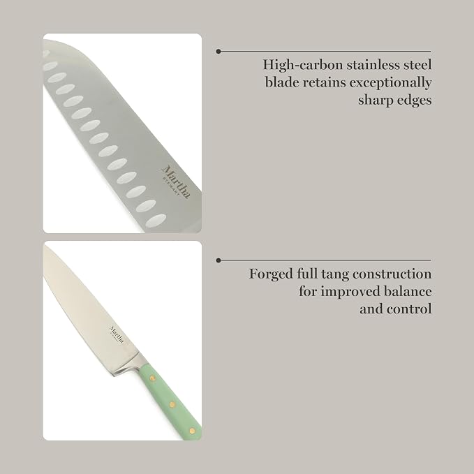 Martha Stewart 16-Piece Lockton High Carbon Stainless Steel Knife Block Set - Forged Full Tang Chef Knives, Acacia Wood Block, Triple Riveted Handles, Sage Green & Gold