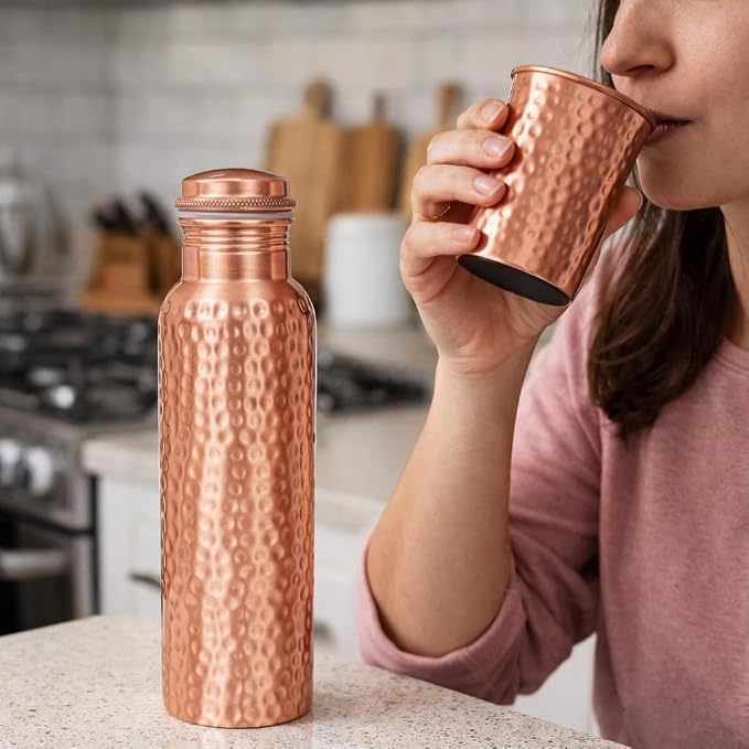 Copper Water Bottle, Hammered Ayurvedic Pure Copper Bottle For Drinking - Drink More Water, Lower Your Sugar Intake And Enjoy The Health Benefits Immediately 32 Oz With Glass