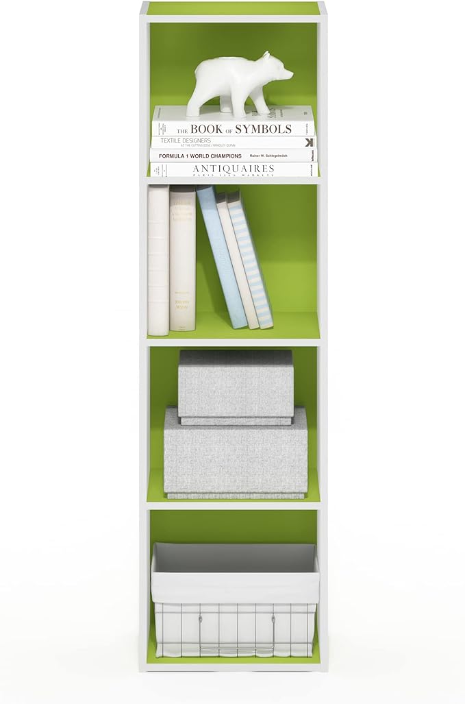 Furinno PASIR Book Shelf, 4-Tier Modern Bookshelf, Open Shelves Bookcase 9 x 12 x 42, Easy Assembly, for Living Room, Bedroom, Home Office, Green/White