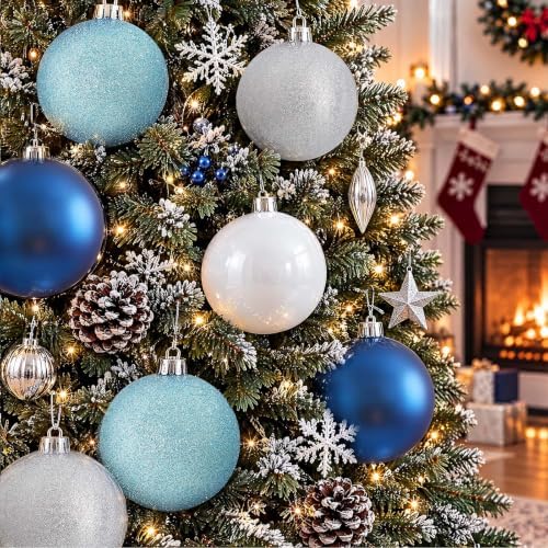 Jenaai 12 Pack Blue Sliver White Large Christmas Ball Ornaments Set, 4 Inch