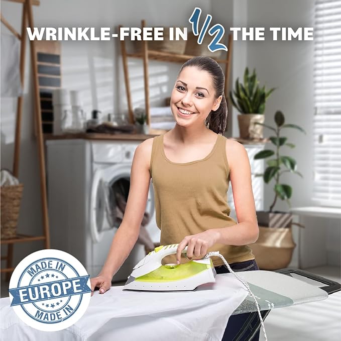 Bartnelli by Rorets Classic Ironing Board with New Patent EZ-Glide Technology, Made in Europe, Premium Iron Board with Iron Rest, 4 Layer Cover, 13x43 Surface, Height Adjustable to 36", 4 Steel Legs
