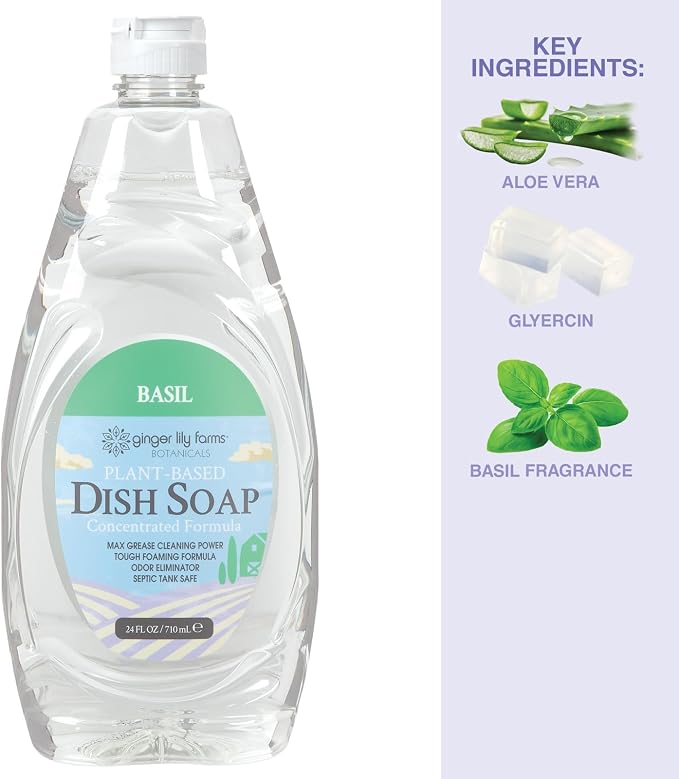 Ginger Lily Farms Botanicals Plant-Based Liquid Dish Soap, Concentrated Formula with Max Grease Cleaning Power, Cruelty-Free, Basil Scent, 24 Fl Oz
