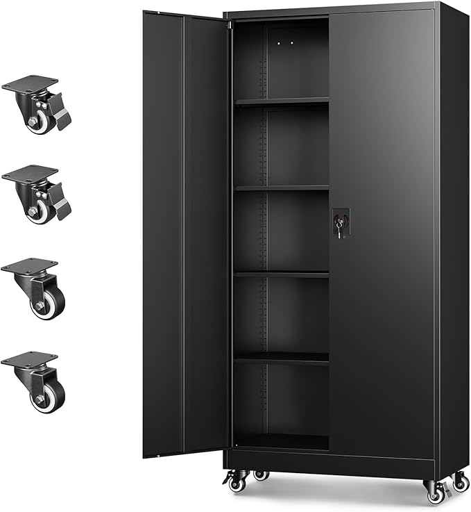 Metal Garage Storage Cabinets with Wheels,Steel Tool Cabinets Lock Door and Adjustable Shelves for Home,Office,Warehouse Organisieren (Black, 75" H)