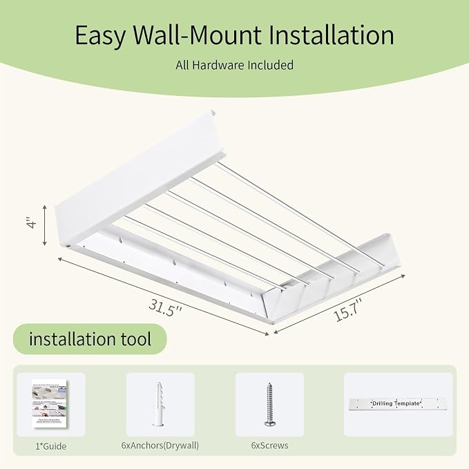 Wall Mounted Clothes Drying Rack 31.5" Foldable, 60 lb for Laundry & Apt | Carbon Steel & Stainless Steel, 60 lb, Rust-Resistant, Fits Brick/Wood, Folds 3" Deep, for Apt, RV, Laundry
