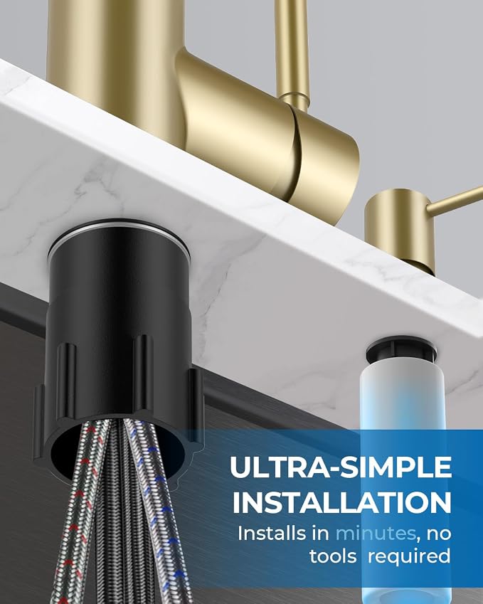 WEWE Kitchen Faucet with Soap Dispenser and Pull Down Sprayer, RV Single Handle Classic 3 Modes Stainless Steel Faucet for Kitchen Sink, RV, Gold