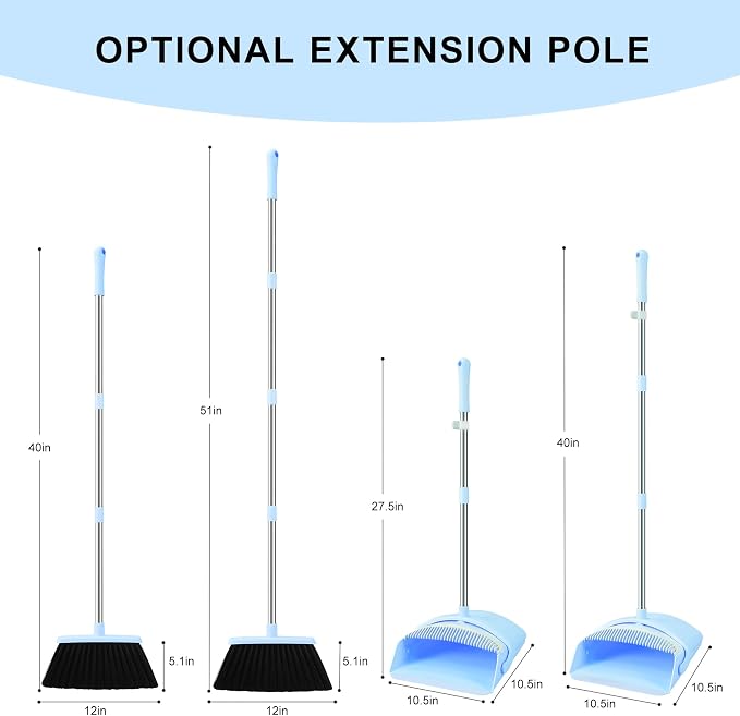 BSKLIN Broom and Dustpan Set for Home, 52" Long Handle Broom Set with Dustpan Teeth to Clean Hair Sweeping Indoor and Outdoor (Blue)