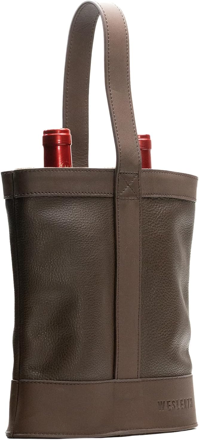 Double Wine Carrier Bag – Leather Wine Tote for Two Bottles with Handles & Metal Buckle – Protective Carrier for Picnic, Wine Champagne Gift Bag (Moka)