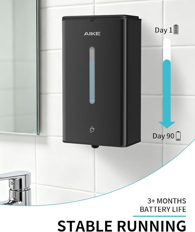 AIKE Automatic Foam Soap Dispenser 33.8oz for Bathroom,Matteblack AK1207FA | Rich Foam and Steel Finish,5-Level Adjustable and Key for Commercial(Battery Not Included),Screw Wall Mount for Space-Saving