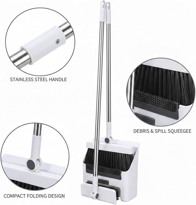 Foldable Broom and Dustpan Set with Squeegee, Stainless Steel Handle for Hard Floors, Compact 1.57-Inch Storage for Kitchen and Bathroom