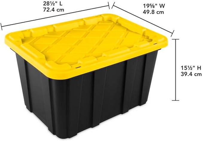 Sterilite 4-Pack 27 Gallon Industrial Storage Tote, Heavy-Duty Plastic Bins, Black/Yellow - Stackable Utility Organizers with Lids for Garage, Camping Tools, and Outdoor Gear