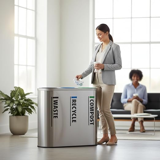 33 Gallon Stainless Steel Triple Stream Indoor Recycling Station, 3 Compartment Waste Sorting Bin with Separate Trash Recycle Compost Sections, Commercial Decorative Waste Container