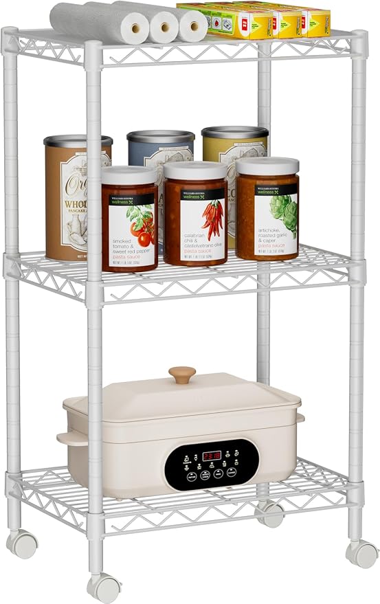 Golpart Small 3 Tier Shelves Storage Wire Shelving Unit Metal Shelf Adjustable Organizers Storage Shelving with Wheels for Bathroom Laundry Room Kitchen Pantry11.7”D x 17.7”W x 30.7”H White